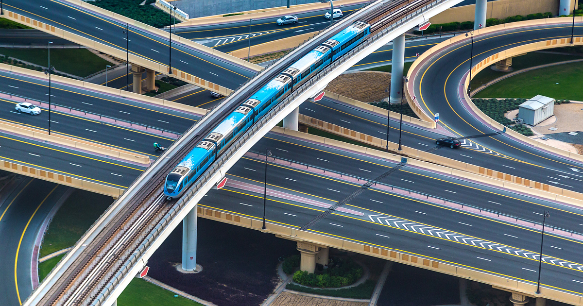 A train travelling over a junction of highways